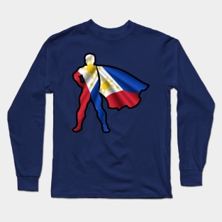 Grunge Filipino Hero Wearing Cape of Philippines Flag Representing Hope and Peace Long Sleeve T-Shirt